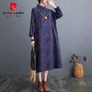 皮爾卡丹復古禪意亞麻袍子女2025春秋季提花大碼連衣裙胖mm棉麻改良旗袍裙 藏青色 M 【95-125斤】