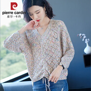 皮爾卡丹（pierre cardin）毛衣雞心領(lǐng)蝙蝠袖春秋裝薄款鏤空抽繩大碼女士針織衫上衣 淺杏色 L 106-115