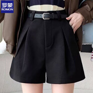 羅蒙毛呢秋冬新款a字百搭短褲高腰闊腿褲腰帶外穿顯瘦休閑短褲女口袋 黑色 3XL 140-155