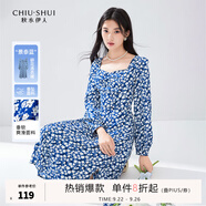 秋水伊人開衩碎花方領(lǐng)連衣裙秋季新款女裝高腰A字雪紡裙子 花料 S