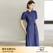 顏域新中式女裝連衣裙2024新款夏裝優(yōu)雅氣質(zhì)百褶裙短袖中長款裙子 深藍(lán) L/40
