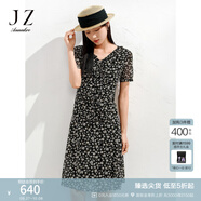 玖姿·安娜蔻氣質(zhì)輕熟風(fēng)系帶V領(lǐng)碎花裙修身連衣裙女裙夏裝中長款法式短袖裙子 花黑 M