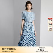 顏域時尚波點連衣裙2024新款女夏季通勤藍色圓領中長款短袖裙子女 藍波點 S/36