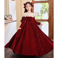 思妙星女童晚禮服高端輕奢小眾女孩生日花童公主裙兒童主持人鋼琴演出服 紅色長(cháng)款、不包括腰帶 160