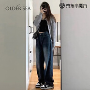 OLDER SEA直筒牛仔褲女大碼梨形身材胖mm高腰顯瘦遮胯寬松闊腿拖地垂感褲子 藍色 2XL 建議125-145斤