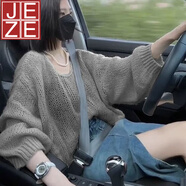 JEZE溫柔鏤空針織衫2025春秋新款慵懶韓版感穿寬松毛衣罩衫上衣 灰色 XL