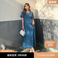 moussy&sly新款通勤風(fēng)開(kāi)叉喇叭袖V領(lǐng)長(cháng)款連衣裙030GSL33-1320 藍色110 S