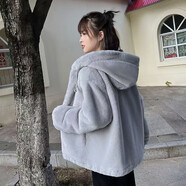 AEMAPE2025年冬款彷懶兔毛中長(cháng)款寬松加厚羊羔毛大衣連帽毛毛絨外套女 灰色 M 110-125斤