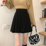 皮爾卡丹（pierre cardin）秋冬毛呢百褶短裙梨形身材大碼胖mm微胖冬天配毛衣美拉德半身裙女 黑色 內帶安全褲 S 【80-100斤】