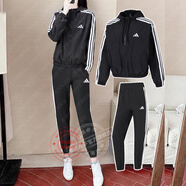 阿迪達(dá)斯 （adidas）秋季運(yùn)動(dòng)套裝女 晨練夜跑健身訓(xùn)練防風(fēng)衣連帽夾克外套休閑長褲 JZ2162+JI8313/黑色兩件套 L/170