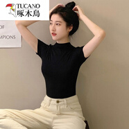 啄木鳥(niǎo)莫代爾黑色半高領(lǐng)短袖t恤女春夏冰絲中領(lǐng)薄款上衣緊身半袖打底衫 黑色莫代爾【半高.領(lǐng)】 M 87-96