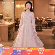 煙花燙國(guó)風(fēng)氣質(zhì)連衣裙女春秋款2025新品高腰顯瘦繡花網(wǎng)紗裙子SD 安如 淺米粉 M