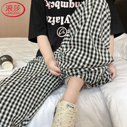 浪莎格子褲女秋季2025新款高腰垂感直筒休閑山本褲寬松慵懶遛彎闊腿褲