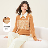 金菊特價(jià)款綿羊毛100%秋冬新品圓領(lǐng)蕾絲針織衫假兩件提花毛衣女羊毛衫