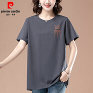 皮爾卡丹棉短袖t恤女中年胖媽媽2025夏季寬松加肥加大遮肚子上衣汗衫女 灰色 L 100-120斤