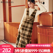 Olrain歐芮兒法式格子背帶連衣裙女秋冬年收腰復(fù)古背心裙 咖格 S