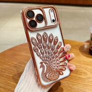 適用蘋果17proMax閃粉孔雀手機殼水鉆iPhone16立體感15保護套 透明橙 iPhone17