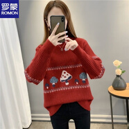 羅蒙（ROMON）羊毛衫女毛衣女學(xué)生秋冬新款加絨加厚半高領(lǐng)針織打底衫女短款寬松 紅色 加/厚不加/絨 高品質(zhì) M 90-110