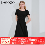 LAGOGO法式方領收腰連衣裙女拉谷谷夏季新款黑色泡泡袖高級感裙子 黑色(W1) S