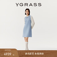 VGRASS25早秋新款絲絨般觸感48MM混紡重喬藝術(shù)釘珠無(wú)袖背心裙 繡球花藍色 M