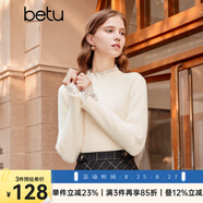 百圖betu女裝冬季新款毛衣蕾絲花邊半高領(lǐng)長袖打底衫女2311T30 米白 L