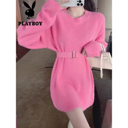 花花公子（PLAYBOY）韓版收腰顯瘦毛衣裙女中長款洋氣圓領(lǐng)套頭針織打底衫配腰帶連衣裙 粉紅色 關(guān)注店鋪優(yōu)先發(fā)貨官方旗 S 【80斤以下】