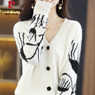 皮爾卡丹秋冬新款羊毛針織開(kāi)衫女復古小香風(fēng)法式v領(lǐng)黑白拼色針織毛衣 白色 3XL (建議145-155斤)