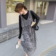 皮爾卡丹（pierre cardin）慵懶風(fēng)蕾絲鏤空背心裙連衣裙女兩件套女春季新款淺色疊穿一整套 套裝【面料升級版】 M 【106-120斤】