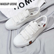 WASSUP UOSNE帆布鞋男韓版休閑板鞋百搭魔術貼懶人學生鞋春季小白鞋情侶鞋子男 B82魔術貼-白色 39 男 標準碼
