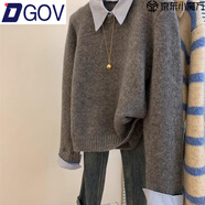 DGOV灰色假兩件poo襯衫領(lǐng)內搭毛衣女秋季短款慵懶風(fēng)寬松打底針織上衣 灰色毛衣zt XL 建議115-130斤