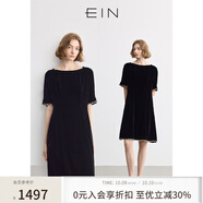 EIN言輕禮服高知感喬絨花邊拼接一字領(lǐng)落肩袖連衣裙2025夏新款 石墨黑 L