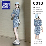 羅蒙（ROMON）法式藍色假兩件套裝襯衫連衣裙子女2025新款入早秋韓系小個(gè)子穿搭 格子連衣裙【今年流行韓系氛圍感 S 40/45kg