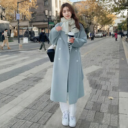 五個(gè)橘子呢子大衣女中長(cháng)款韓版女裝寬松毛呢外套女顯瘦大衣女士上衣冬新年 淺藍色 L