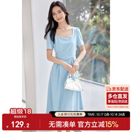 尚都比拉輕職場連衣裙女夏季收腰中長裙泡泡袖裙子 淺藍色152L80063  M