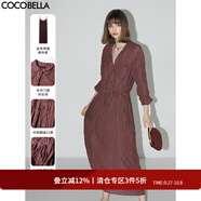COCOBELLA重工壓褶炒色連衣裙長(cháng)袖襯衫裙吊帶裙兩件套FR0019-2 酒紅色(古法蘇木炒色) S