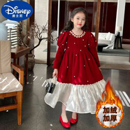 迪士尼（Disney）女童秋冬加絨連衣裙2025新款冬季兒童拜年服泡泡袖公主裙子新年裝 紅色連衣裙 110 cm