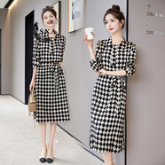 SXA香港潮牌襯衫長(cháng)袖連衣裙女2025秋冬新款菱形格絲光氣質(zhì)收腰連衣裙 黑格 L