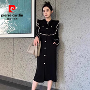 皮爾卡丹（pierre cardin）法式赫本風(fēng)荷葉邊拼接黑色連衣裙子女早秋季長裙秋冬裝2025年新款 黑杏 M 45/55kg 【年終低價 現(xiàn)貨秒發(fā)