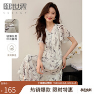 熙世界國(guó)風(fēng)水墨印花V領(lǐng)連衣裙女夏季2025新款荷葉袖媽媽雪紡裙子 水墨黑 2XL