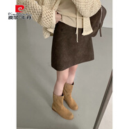 皮爾卡丹（pierre cardin）絨短裙女秋冬a字咖色半身裙大碼高腰文藝復(fù)古包臀美拉德麂皮半裙 咖啡色 S