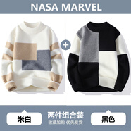 NASA MARVEL撞色拼接毛衣男冬季新款韓版潮流休閑百搭寬松針織衫 米白+6302黑色 XL （約120-135斤可穿）