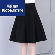 羅蒙毛呢半身裙女短裙2025秋冬季新款傘裙高腰裙子a字裙蓬蓬裙 黑色(有口袋/55厘米) S