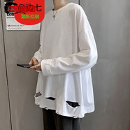 邊七@破洞長(cháng)袖T恤男潮牌ins港風(fēng)寬松打底衫潮流百搭帥氣嘻哈搭配 白色 XL