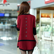 皮爾卡丹（pierre cardin）氣質(zhì)針織連衣裙秋冬寬松配大衣中長(cháng)款毛衣裙圓領(lǐng)打底衫女遮肚裙子 酒紅色 XL