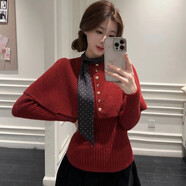 馨悠潔圣誕氛圍感紅色斗篷披肩毛衣女秋冬針織打底衫兩件套千金上衣 紅色上衣 均碼