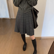百褶裙秋冬款小個子灰色羊毛學院風格子百褶裙胖mm秋冬毛呢A字半 灰色 S