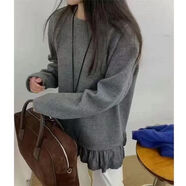 歐洲站潮款加絨軟糯打底衫下擺拼接蕾絲花邊中長(cháng)款T恤冬季寬松厚T 灰色-加絨 （高品質(zhì)） 均碼