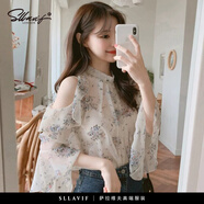 薩拉維夫（SLLAVIF）品牌時(shí)尚碎花襯衫女夏2025新款洋氣甜美設(shè)計(jì)感露肩薄款荷葉邊上衣 米杏色 M 合適95-105斤