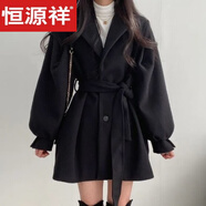 恒源祥黑色收腰毛呢外套女小個子短款2025春秋感加厚小香風呢子大衣 黑色【夾棉加.厚】 M