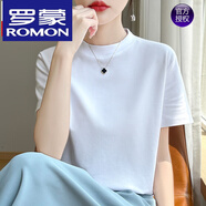 羅蒙（ROMON）高檔春夏半高領(lǐng)純棉短袖女立領(lǐng)T恤百搭中袖上衣顯瘦打底 純白色 L 100-120斤